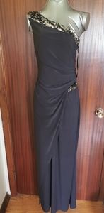 Betsy & Adam Black One Shoulder Sequence Gown